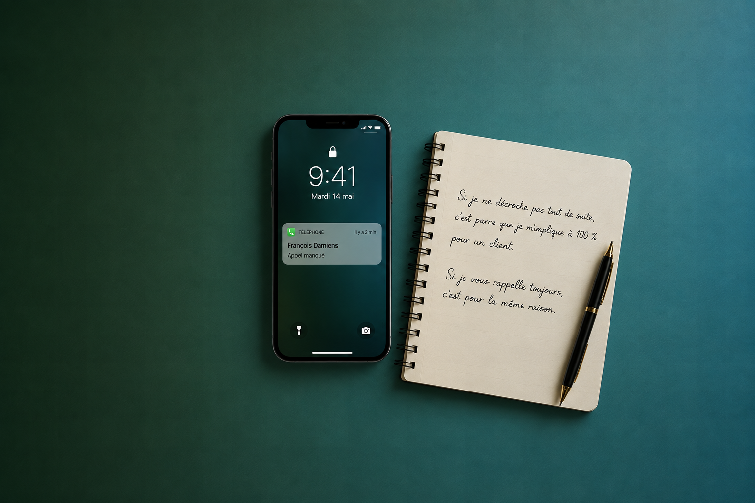 Visuel avec un iphone affichant un appel manqué et un carnet ouvert à côté avec une note manuscrite : "s Si je ne décroche pas tout de suite, c'est parce que je m'implique à 100% pour un client. Si je vous rappelle toujours, c'est pour la même raison". Symbolisant l'engagement et la disponibilité de votre courtier en crédit indépendant.