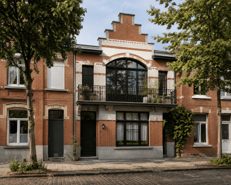 Façade de maison de ville namuroise typique en briques rouges et claires, avec ferronnerie et pignon à gradins, exemple de projet de crédit premier achat immobilier en région Mosane financé par Crédit Mosan.