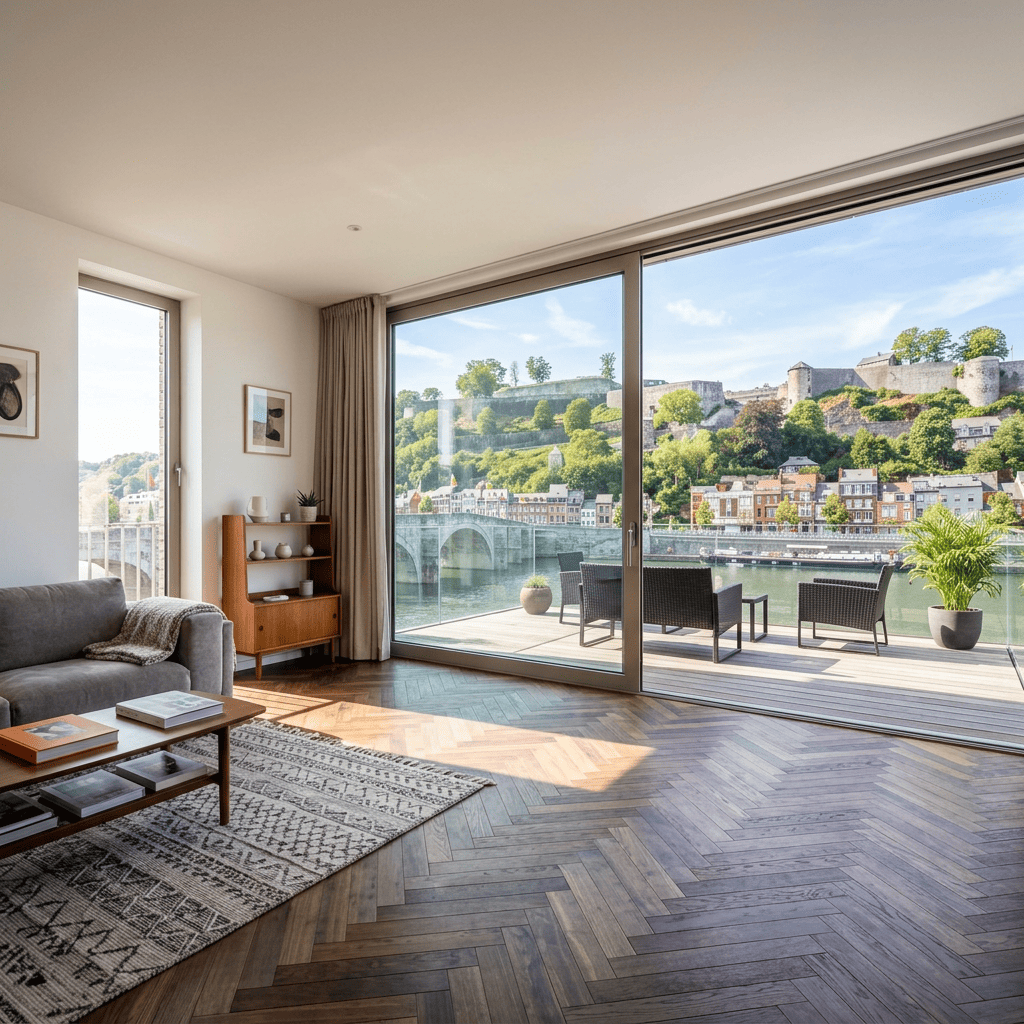 Salon d'appartement avec vue sur la citadelle de Namur et la Meuse pour crédit investissement locatif.