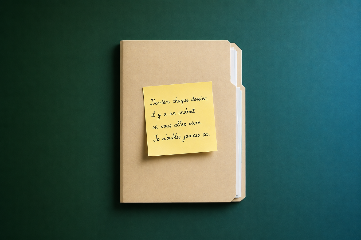 Visuel sur fond vert montrant un dossier Kraft avec une note manuscrite sur un post-it jaune : "Derrière chaque dossier, il y a un endroit où vous allez vivre. Je n'oublie jamais ça." Illustrant la valeur humaine de Crédit Mosan, courtier en crédit indépendant.