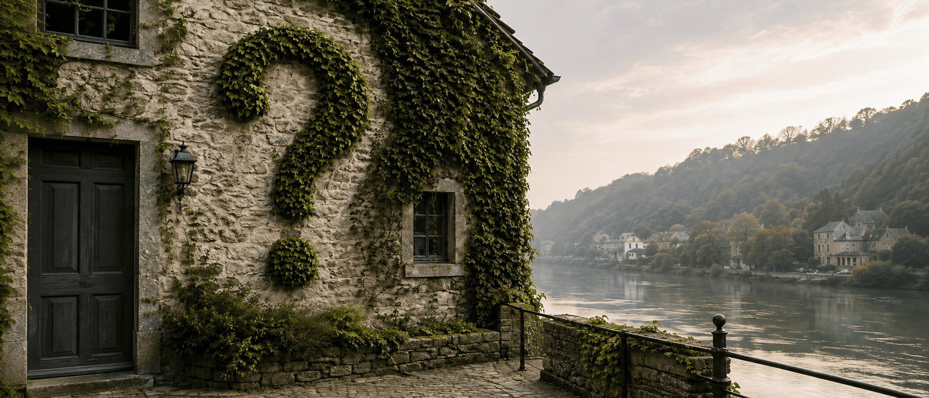 Photo d'une façade de maison en pierre traditionnelle du bord de meuse avec du lierre formant un point d'interrogation pour illustrer la FAQ de Crédit Mosan